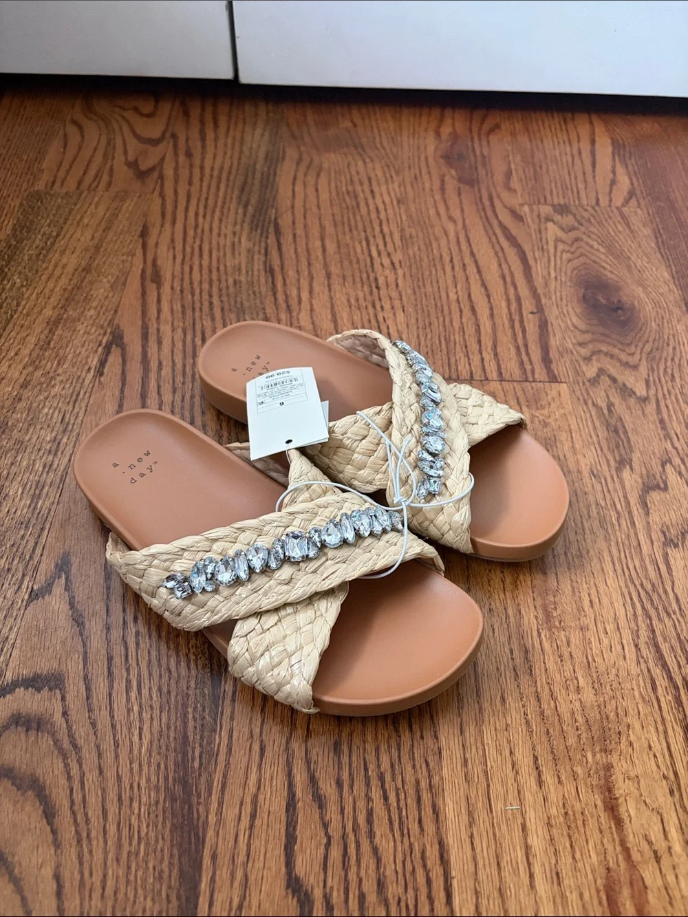 a new day Braided Crystal-Accent Slide Sandals in Natural Size 6 New